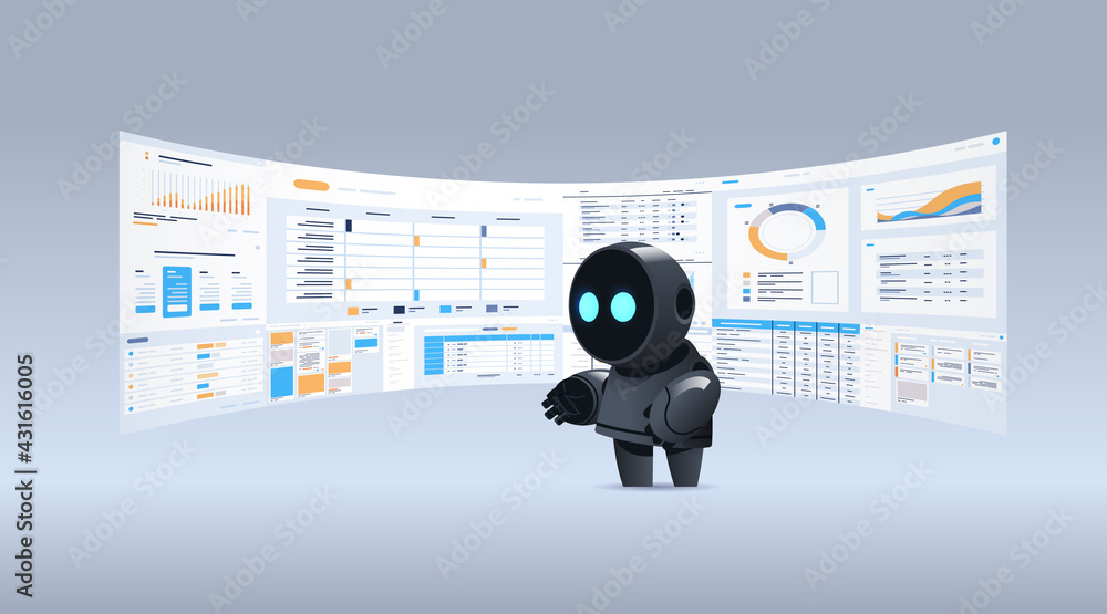 Aufkleber black robot analyzing statistics financial data on virtual boards artificial intelligence technology