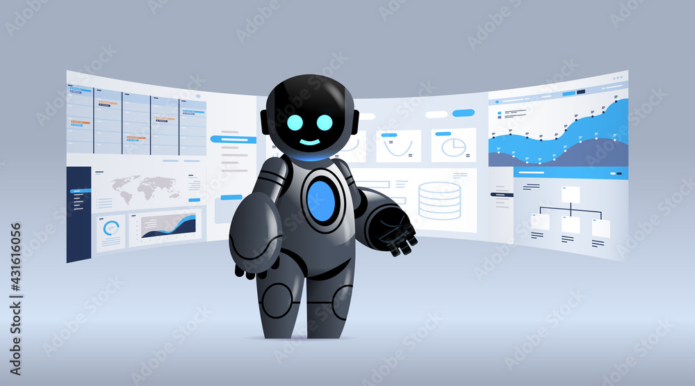 Poster black robot analyzing statistics financial data on virtual boards artificial intelligence technology