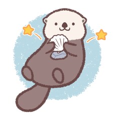 石でホタテ貝を割るラッコ背景付き