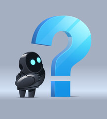 frustrated robot cyborg standing near question mark help support service FAQ problem artificial intelligence