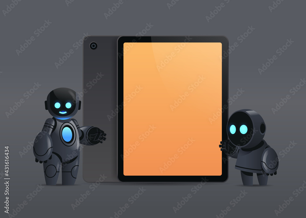 Poster modern robots couple standing near tablet pc with blank screen robotic character artificial intellig