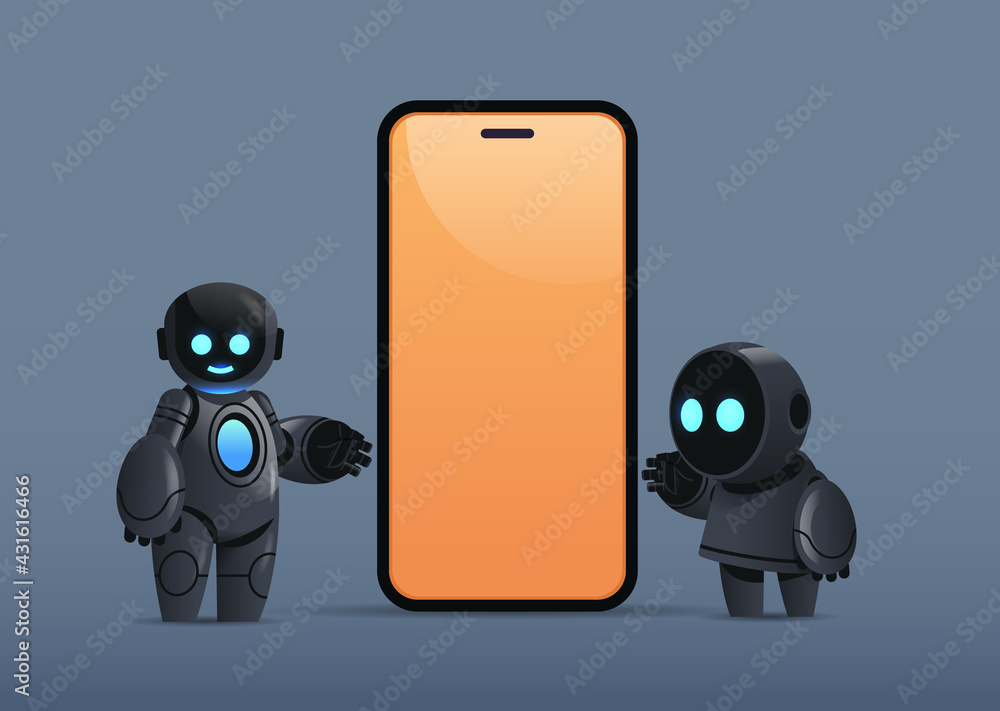 Poster two robots standing near smartphone with blank screen robotic character artificial intelligence tech