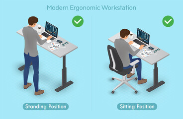 Modern Ergonomic Workstation Adjustable Table Helps to Prevent Office Syndrome, Numb by Changing Working Position During The Day for Employee Using Laptop, Smartphone, Stylus, Reported Paper Isometric