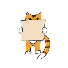 Ginger Cat With Board Illustration, copy space, graphic drawing on white background