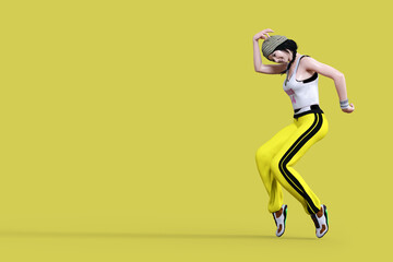 Fototapeta na wymiar イエローバックにニット帽をかぶり黄色いジャージを履いたスポーテイーな女の子が爪先立ちでポーズをとりダンスの練習をする