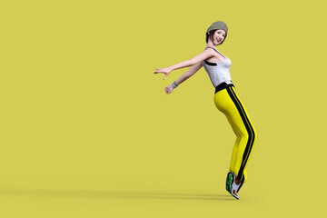 Fototapeta na wymiar イエローバックに黄色いジャージを履いた女の子が爪先立ちでポーズをとり後ろ向きに手を伸ばしダンスの練習をする
