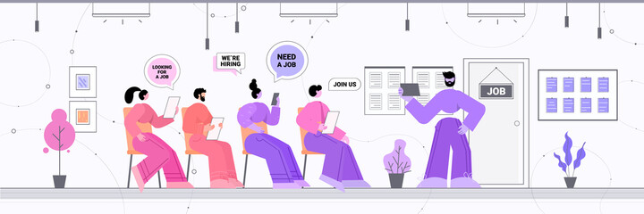 candidates near door with job signboard businesspeople waiting for business meeting job interview concept