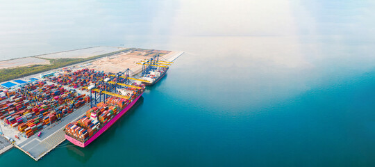 Aerial top view of containers cargo ship. business logistic transportation sea freight, cargo ship,...