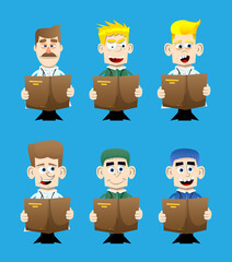 Funny cartoon doctor reading a book. Vector illustration.