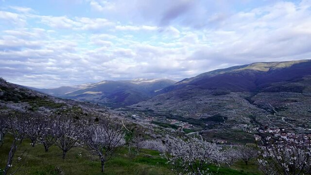 Time-lapse, clouds flow over jerte valley with cherry blossom in Spain; shadows