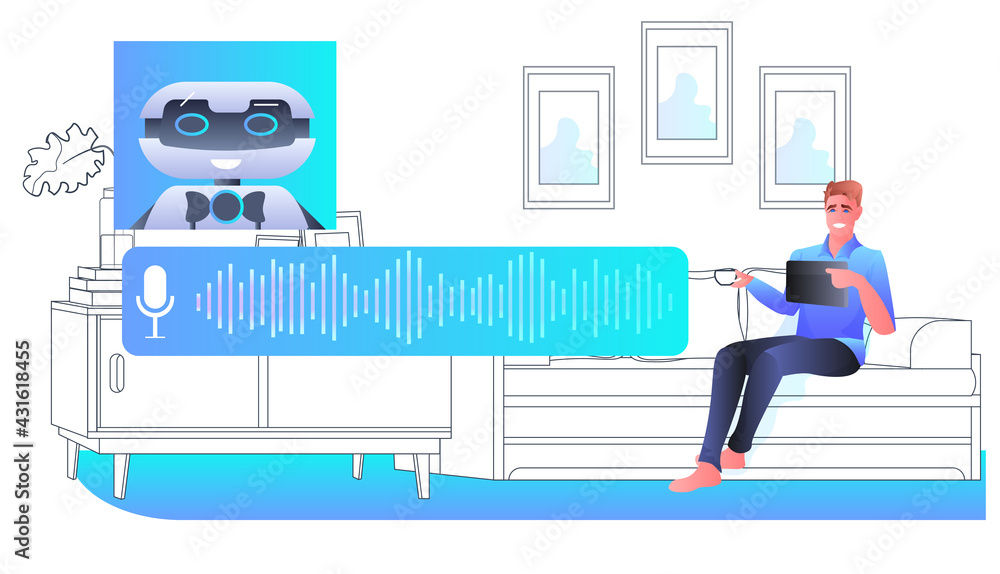 Poster man discussing with robot chatbot assistant voice messages audio chat application online communicati