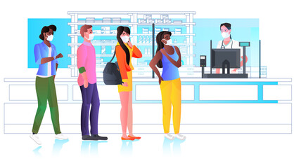 Obraz premium female pharmacist in mask giving pills to mix race customers patients at pharmacy counter modern drugstore interior