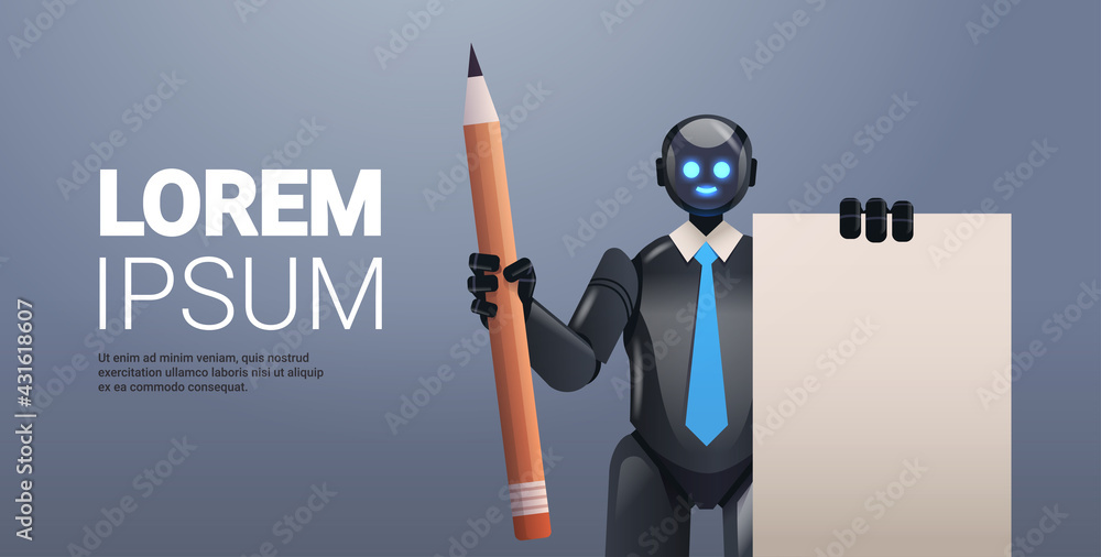 Poster black robot cyborg holding notepad and pencil robotic character artificial intelligence technology c