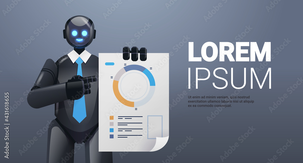 Poster modern black robot analyzing statistics diagram financial data analyzing artificial intelligence tec