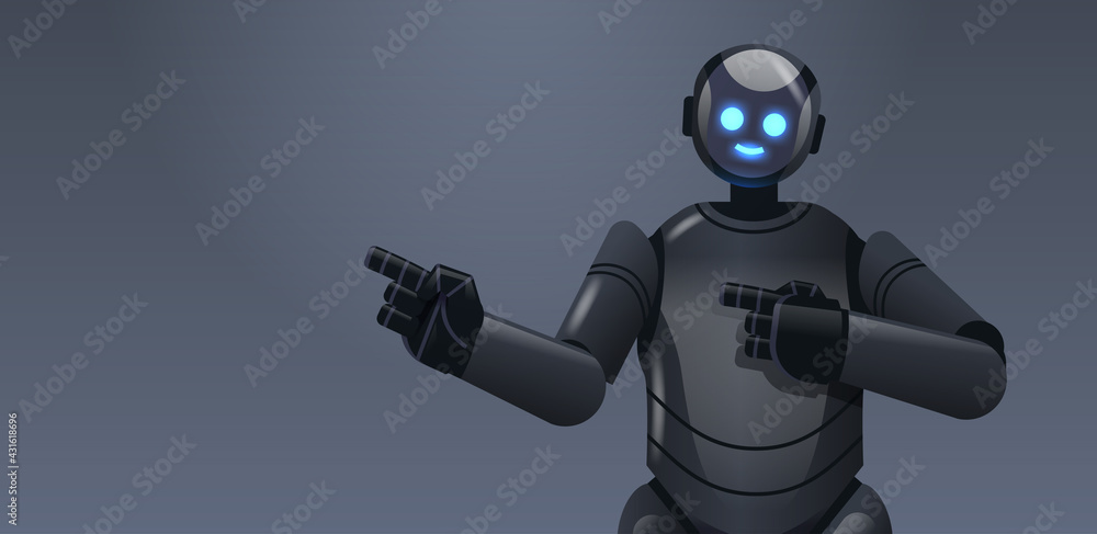 Poster black robot cyborg pointing at something modern robotic character artificial intelligence technology