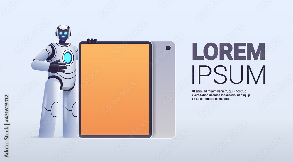 Poster modern robot cyborg standing near tablet pc with blank screen robotic character artificial intellige