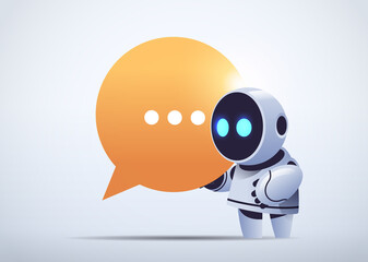 cute robot cyborg holding chat bubble communication chatbot customer service artificial intelligence technology