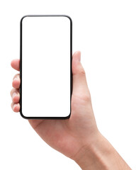 Male caucasian hand holding phone isolated on white background.	
