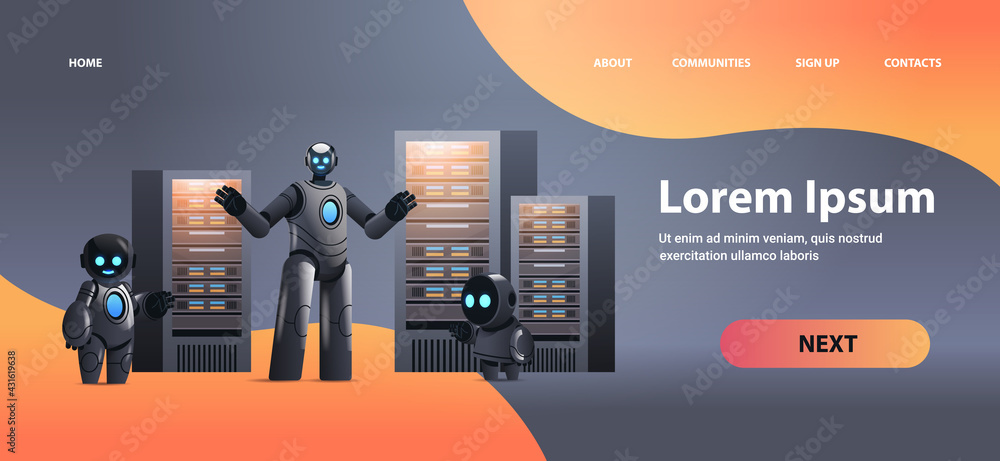 Poster robots in server room big cloud data analysis artificial intelligence technology concept full length