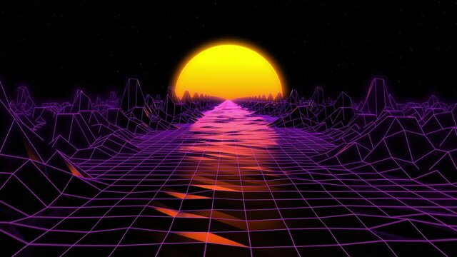 80s Retrowave Style CGI Animation. Purple Grid Neon Landscape With a Yellow Sunset on the horizon. Seamless Loop.