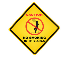 Accident Prevention signs, CAUTION board with message NO SMOKING IN THIS AREA, beware and careful yellow rhombus Sign, warning symbol, vector illustration.