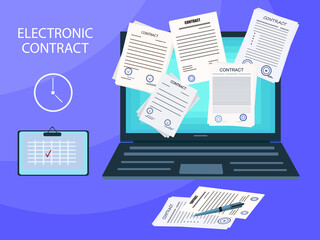 Electronic contract, digital key, signature,  vector illustration. A lot of paper documents with a seal, laptop. Online form, treaty, internet office. The concept of paperwork, treaty, agreement, deal © TaMih