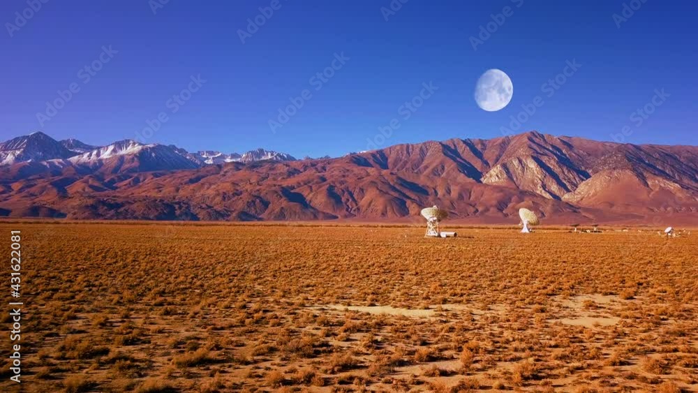 Aufkleber aerial view of desert satellite arrays with full moon sky - 3d render animation