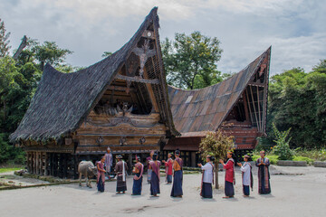 Samosir, Indonesia &ndash; May 7, 2015: Tortor Dance Performance, one of the typical dances of the Batak tribe, for tourists on Samosir Island Toba Lake, North Sumatera, Indonesia