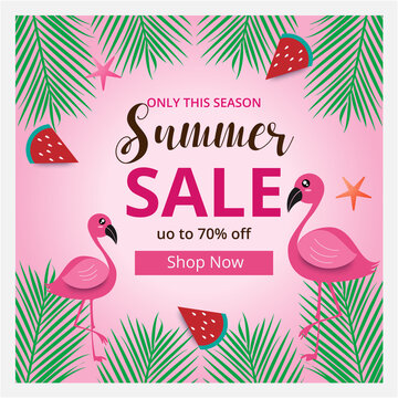 Summer sale banner template and background with flamingo. Hot season discount poster. Flat design. Vector illustration.
