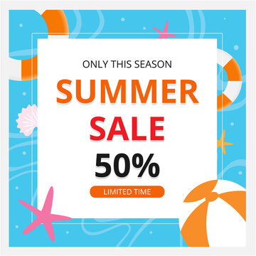 Summer sale banner template and background. Hot season discount poster. Flat design. Vector illustration.