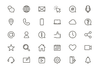 Complete set of 30 icons related with social media and online business strategy. Thin line essential graphic design elements for any website or business