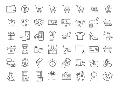 Complete set with 48 icons related with Online shopping, delivery services, takeaway and online stores express home service subjects. Thin outline illustrations