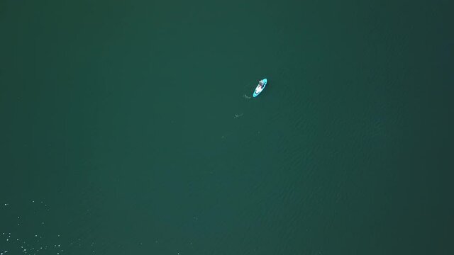 Man paddleing in Riaño dam a summer day.
