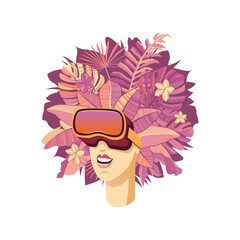 Girl in virtual reality glasses. Travel concept to the world of the tropics. Colored vector illustration in flat style.