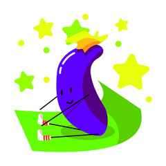 Vegetable, eggplant does yoga, healthy living and sports.