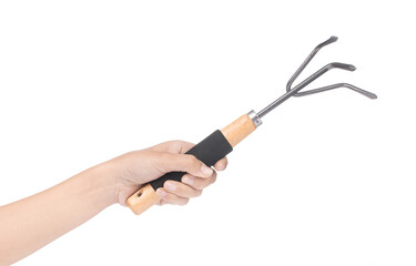 hand holding fork trowel isolated on a white background.