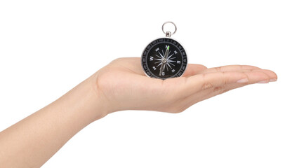hand holding compass isolated on white background