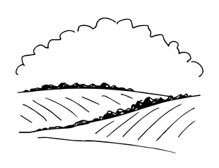 Hand-drawn vector sketch in black outline. Vineyard, cloud frame, rows of crops. Place for the title in the center. Cultivation of fields, growing vegetables. For labels, logo of farm products, wine.