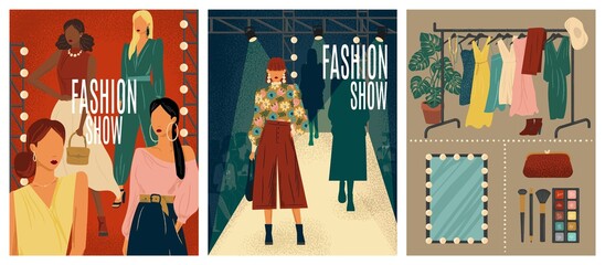 Fashion show concept vector illustration. Hand drawn set of fashion week posters with models on a catwalk podium. Woman in different design dress. Female clothes design collection. - obrazy, fototapety, plakaty