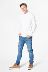 White long sleeve t-shirt men's basic wear full body