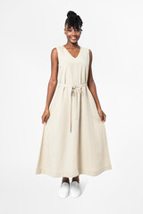 Woman in sleeveless dress casual wear apparel full body