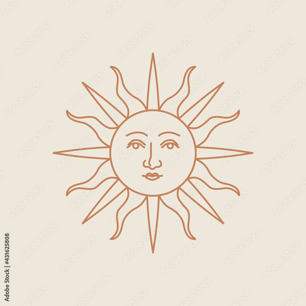 Wall mural celestial antique sun with face linear style on beige background