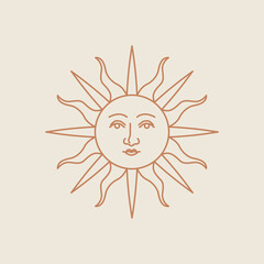 Celestial antique sun with face linear style on beige background