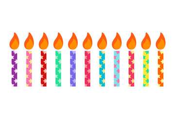 Happy birthday, birthday party, birthday candles colorful flat vector illustration and icon