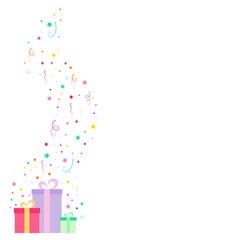 Happy birthday party, birthday party, colorful gift box full of twinkling lights. Glitter, party background, fireworks, flat vector illustration and icons