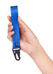 Hand holding Key Holder with Carabiner isolated on white  ​background