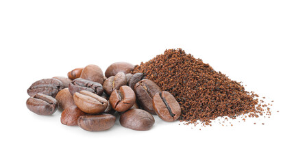Coffee beans and powder on white background