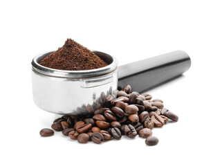 Coffee beans and portafilter with powder on white background