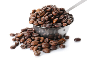 Pot with coffee beans on white background
