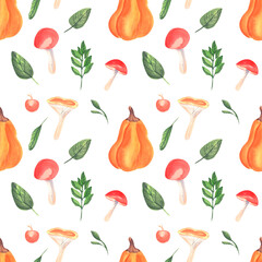 Hand-drawn watercolor seamless pattern with pumpkin, apple, mushroom and leaves. Autumn background for textile, print, scrapbooking paper, fabric